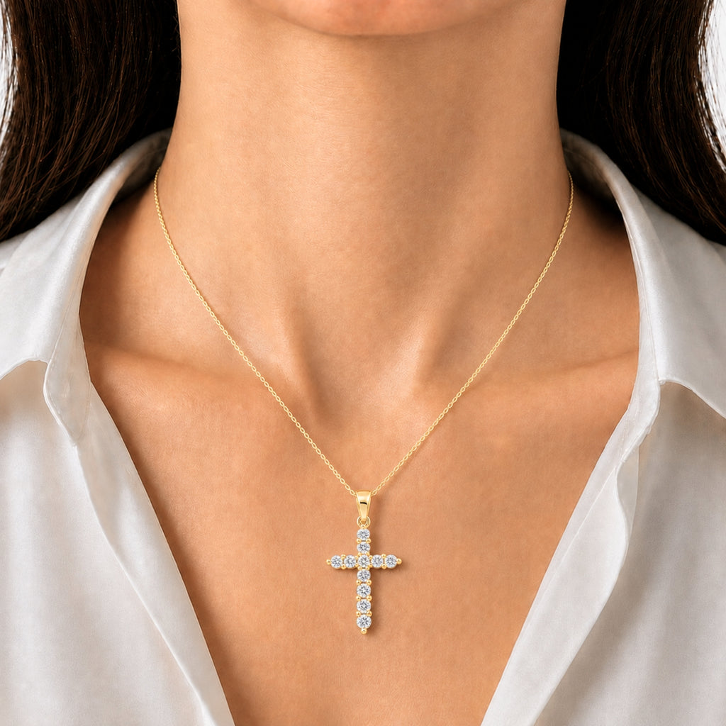 Diamonair Lab Grown Diamond (F/VS+) 2.00 carat Round cut Sterling Silver Cross Pendant - Sterling Silver | Gold over Silver