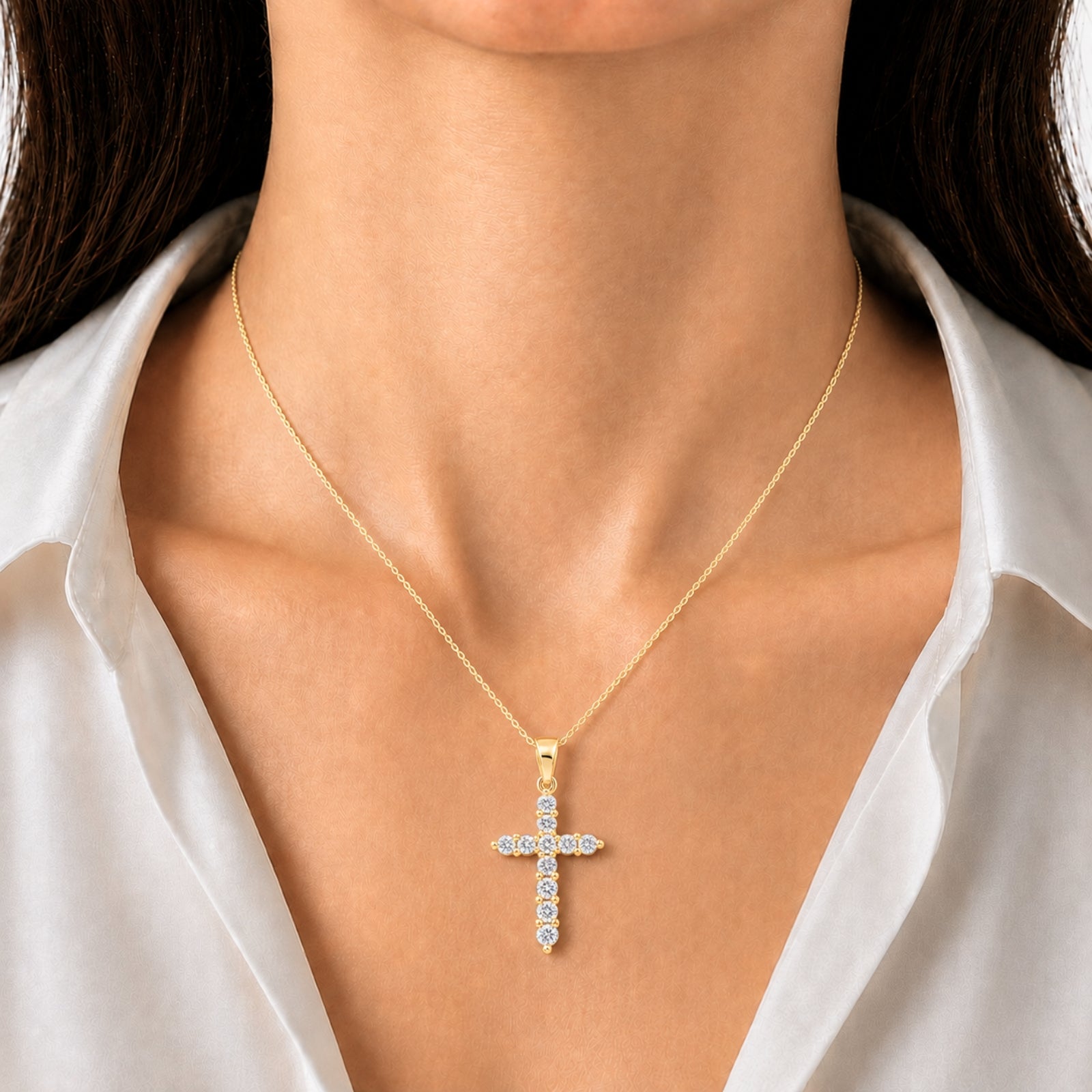 Diamonair Lab Grown Diamond (F/VS+) 2.00 carat Round cut Sterling Silver Cross Pendant - Sterling Silver | Gold over Silver