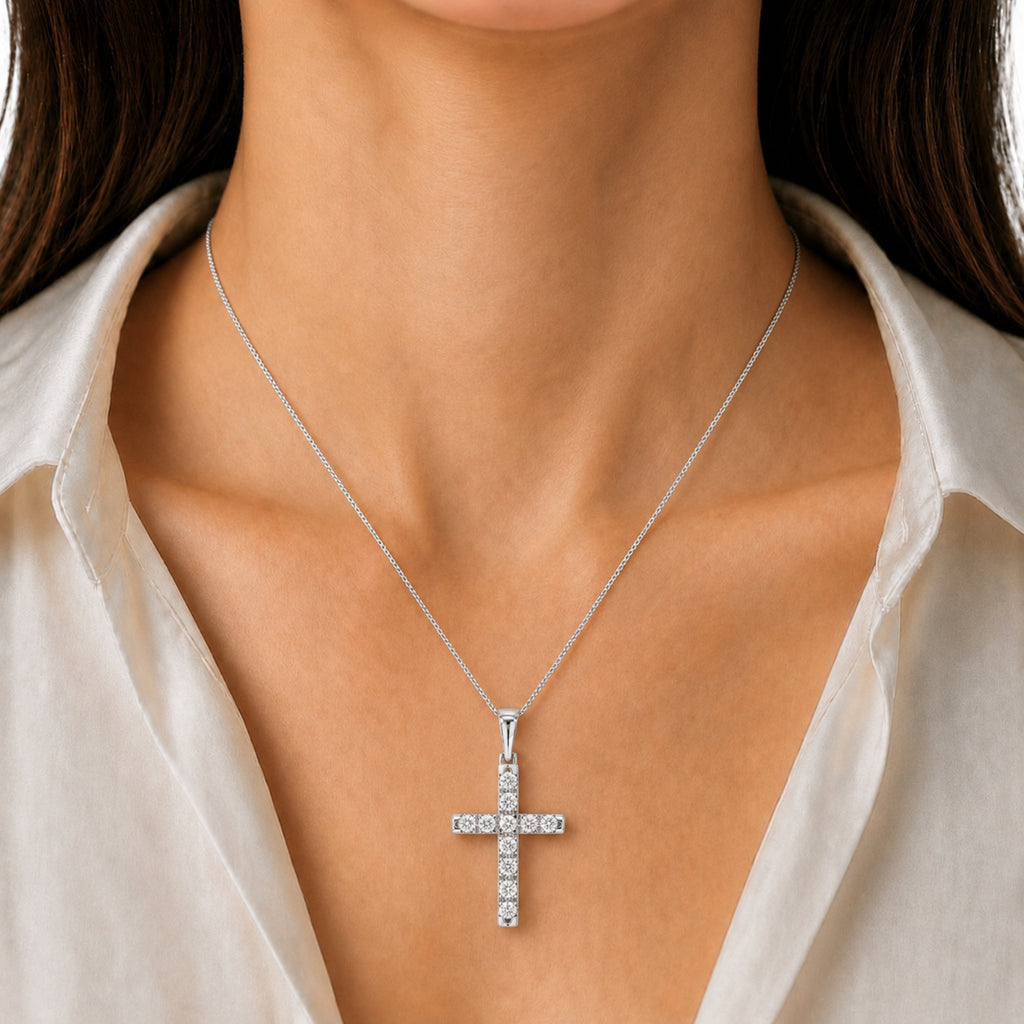 Diamonair Lab Grown Diamond (F/VS+) 3.00 carat Round cut Sterling Silver Cross Pendant - Sterling Silver