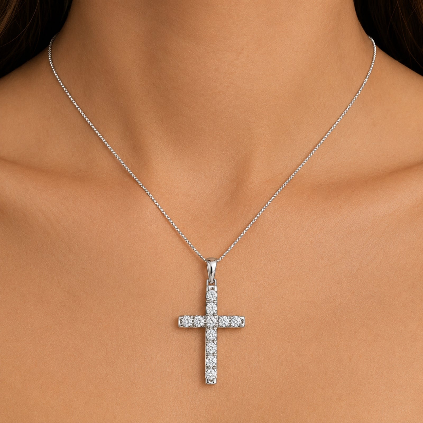 Diamonair Lab Grown Diamond (F/VS+) 3.00 carat Round cut Sterling Silver Cross Pendant - Sterling Silver
