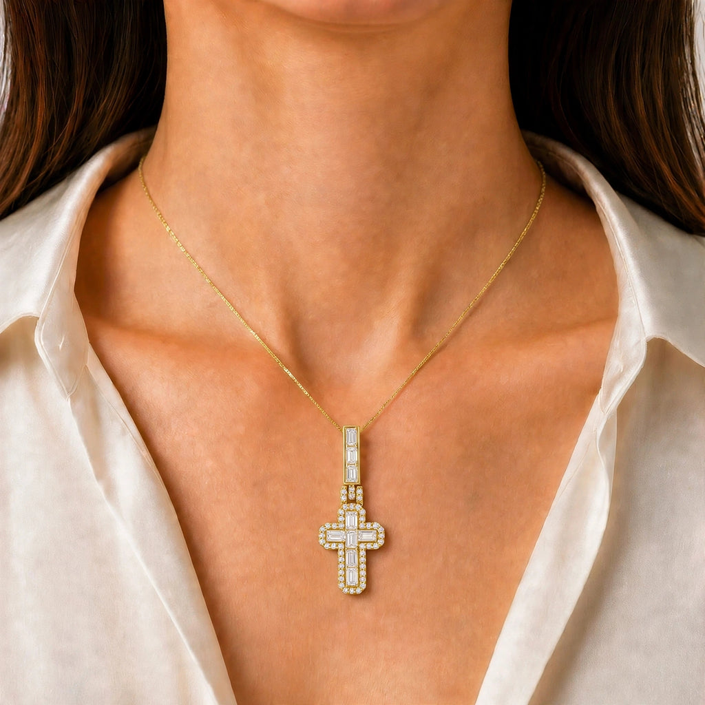 Diamonair Lab Grown Diamond (F/VS+) 4.00 carat Round cut Sterling Silver Cross Pendant - Sterling Silver | Gold over Silver