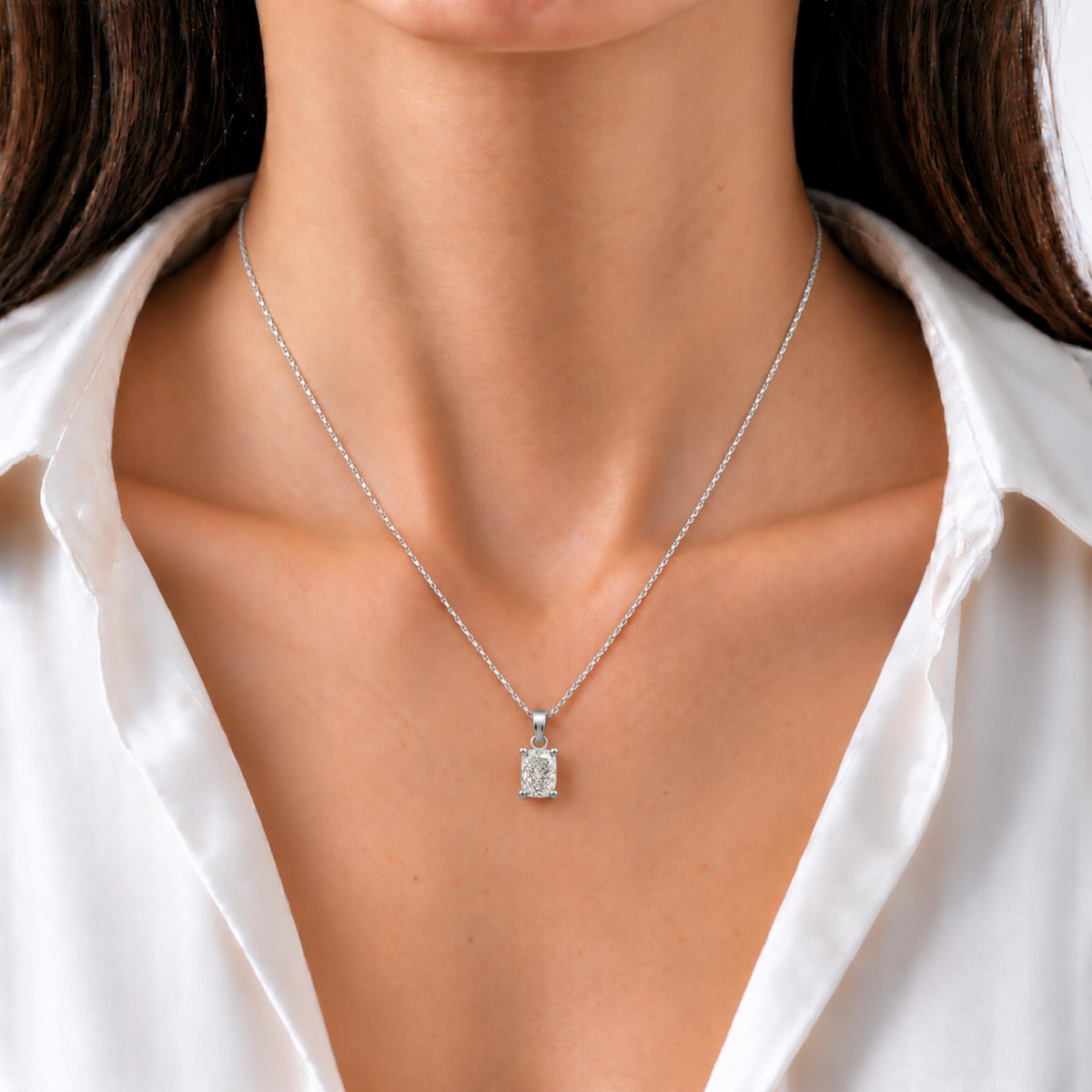 Long Cushion Solitaire Pendant Necklace