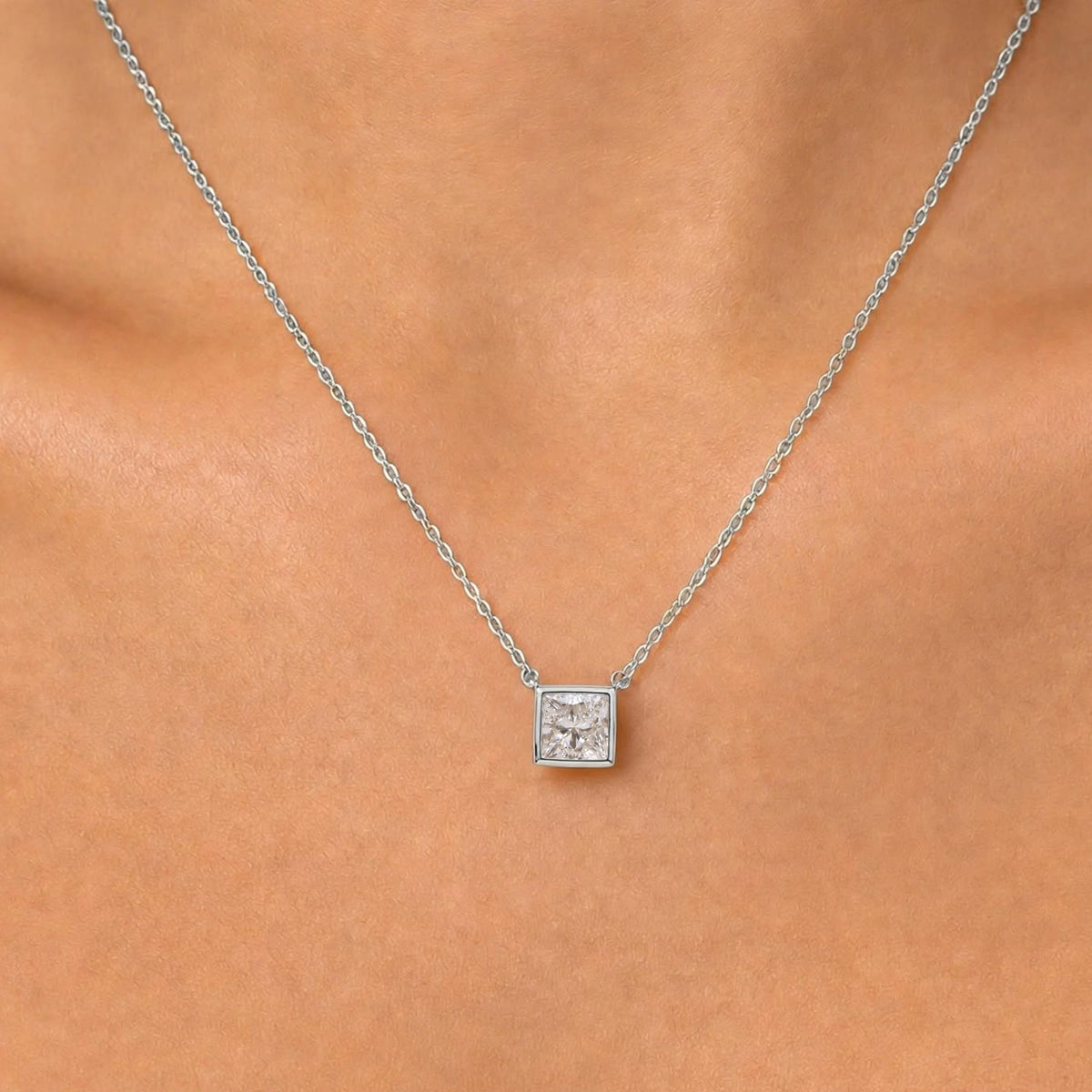 Princess Solitaire Bezel Pendant Necklace