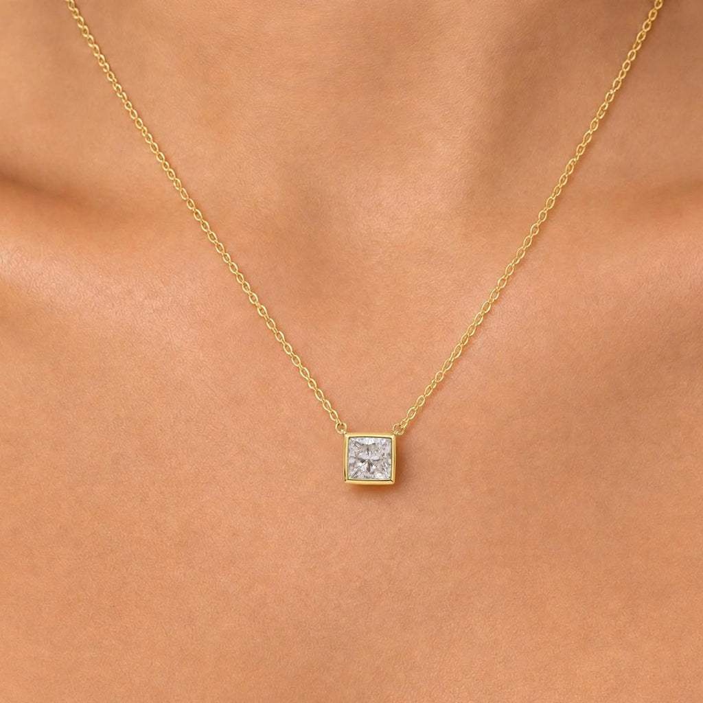 Princess Solitaire Bezel Pendant Necklace