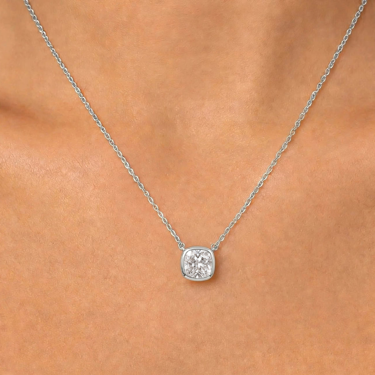 Cushion Solitaire Bezel Pendant Necklace
