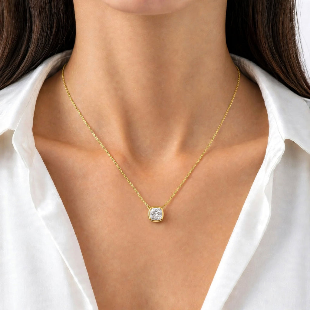 Cushion Solitaire Bezel Pendant Necklace