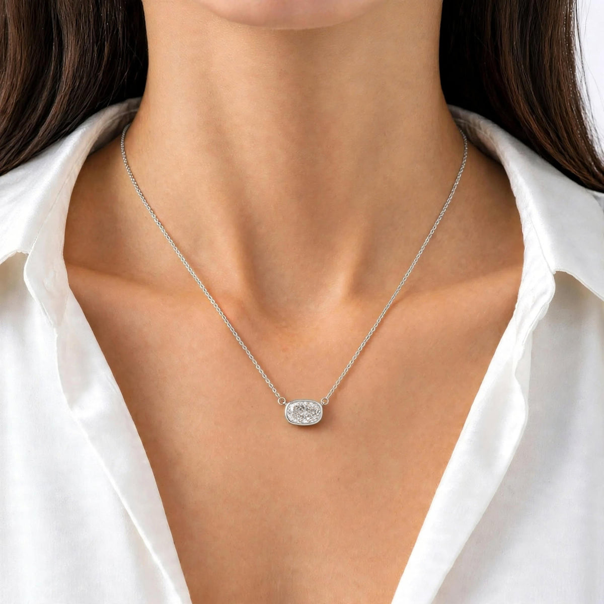 Long Cushion Solitaire Bezel Pendant Necklace