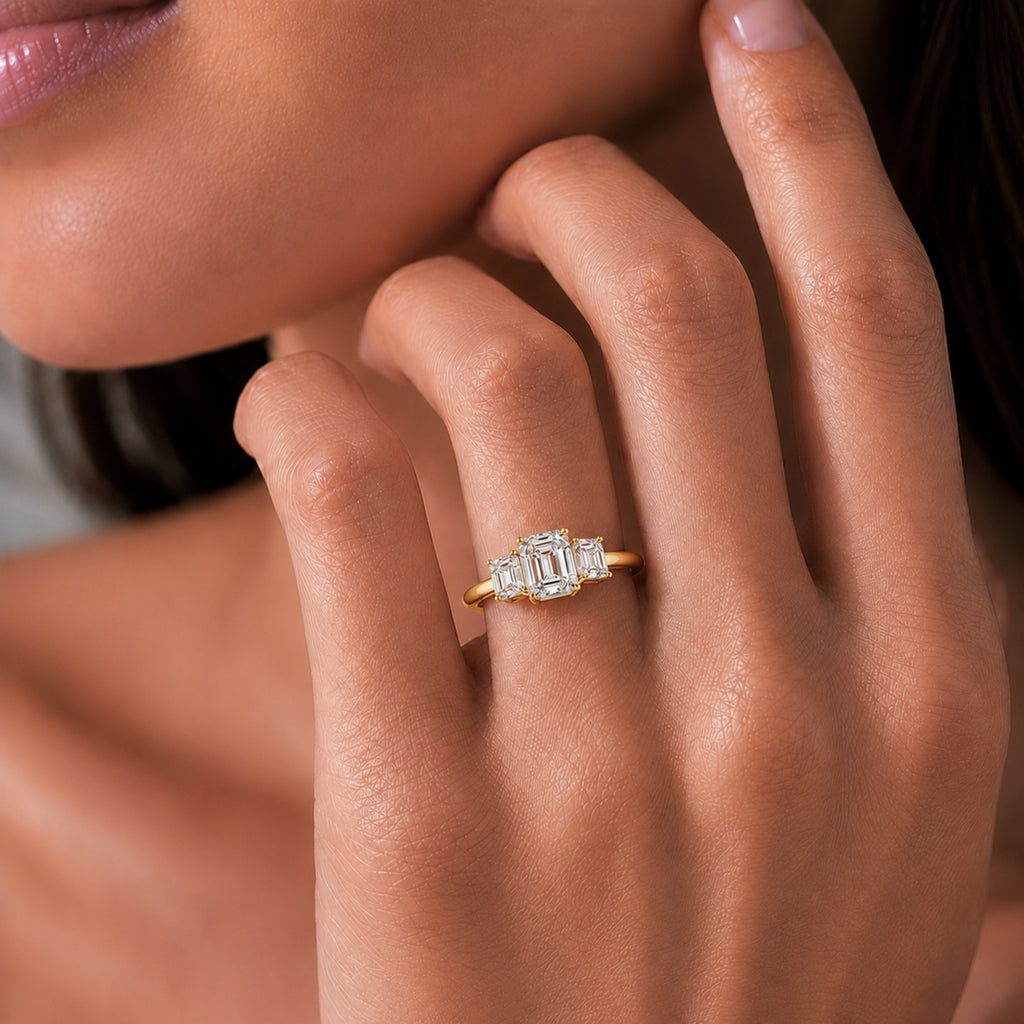 2.00-5.00 Carat T.W. Emerald-cut Lab Grown Diamond (F/VS+) 14K Gold 3 Stone Ring