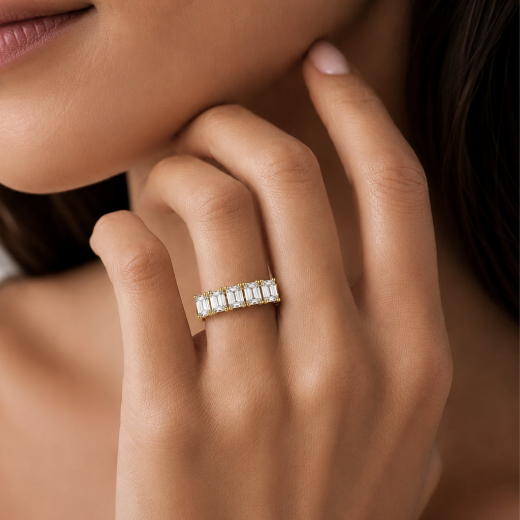 2.50-7.00 Carat T.W. Emerald-cut Lab Grown Diamond (F/VS+) 14K Gold 5 Stone Ring