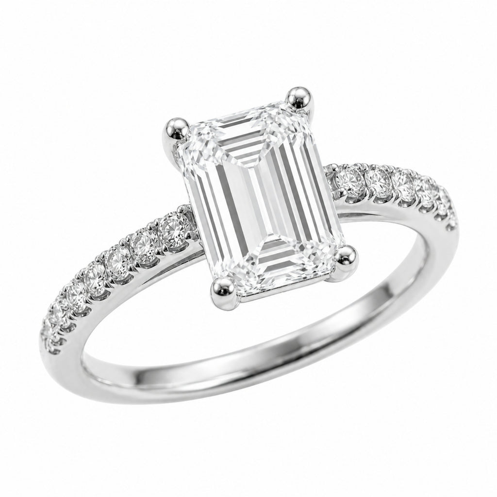 1.50-4.50 Carat T.W. Emerald and Round-cut Lab Grown Diamond (F/VS+) 14K Gold Solitaire Band Ring