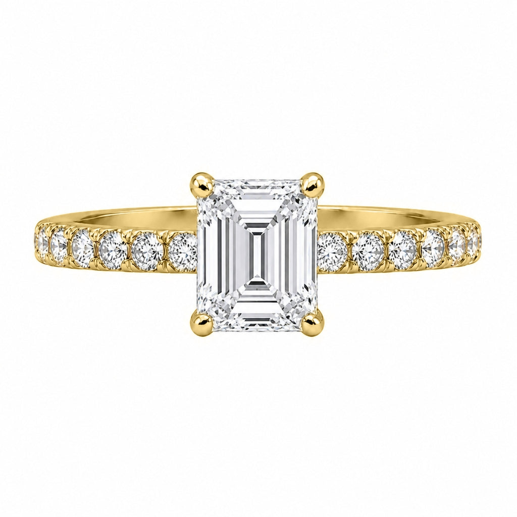 1.50-4.50 Carat T.W. Emerald and Round-cut Lab Grown Diamond (F/VS+) 14K Gold Solitaire Band Ring