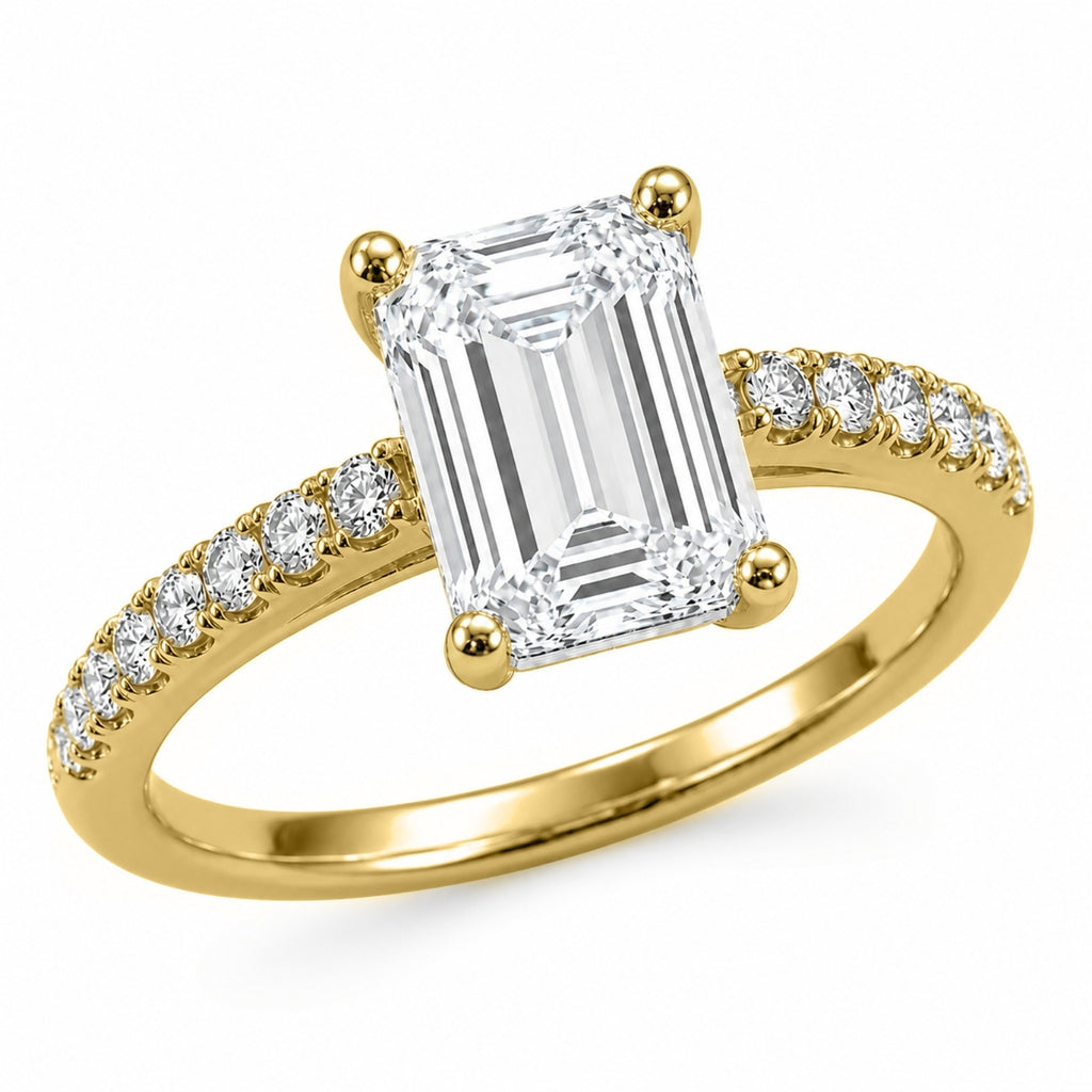 1.50-4.50 Carat T.W. Emerald and Round-cut Lab Grown Diamond (F/VS+) 14K Gold Solitaire Band Ring