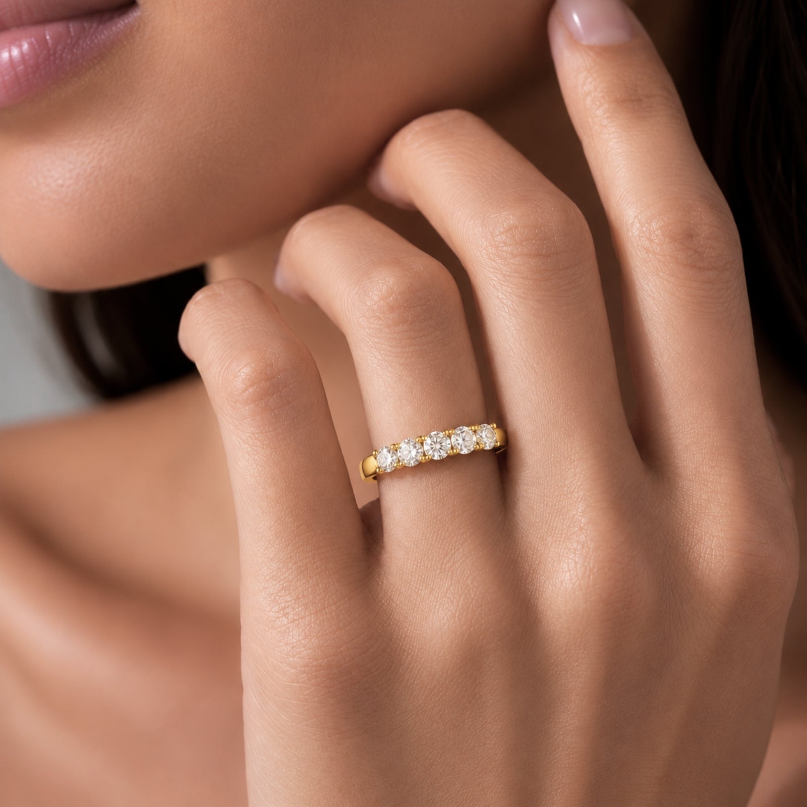 1.00-5.00 Carat T.W. Round-cut Lab Grown Diamond (F/VS+) 14K Gold 5 Stone Band Ring