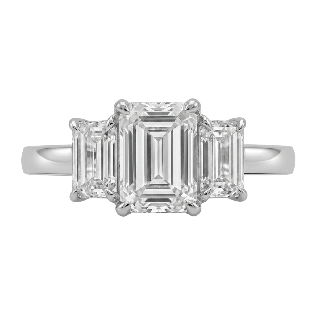 3.00 Carat T.W. Emerald and Trapezoid-cut Lab Grown Diamond (F/VS+) 14K Gold 3 Stone Band Ring