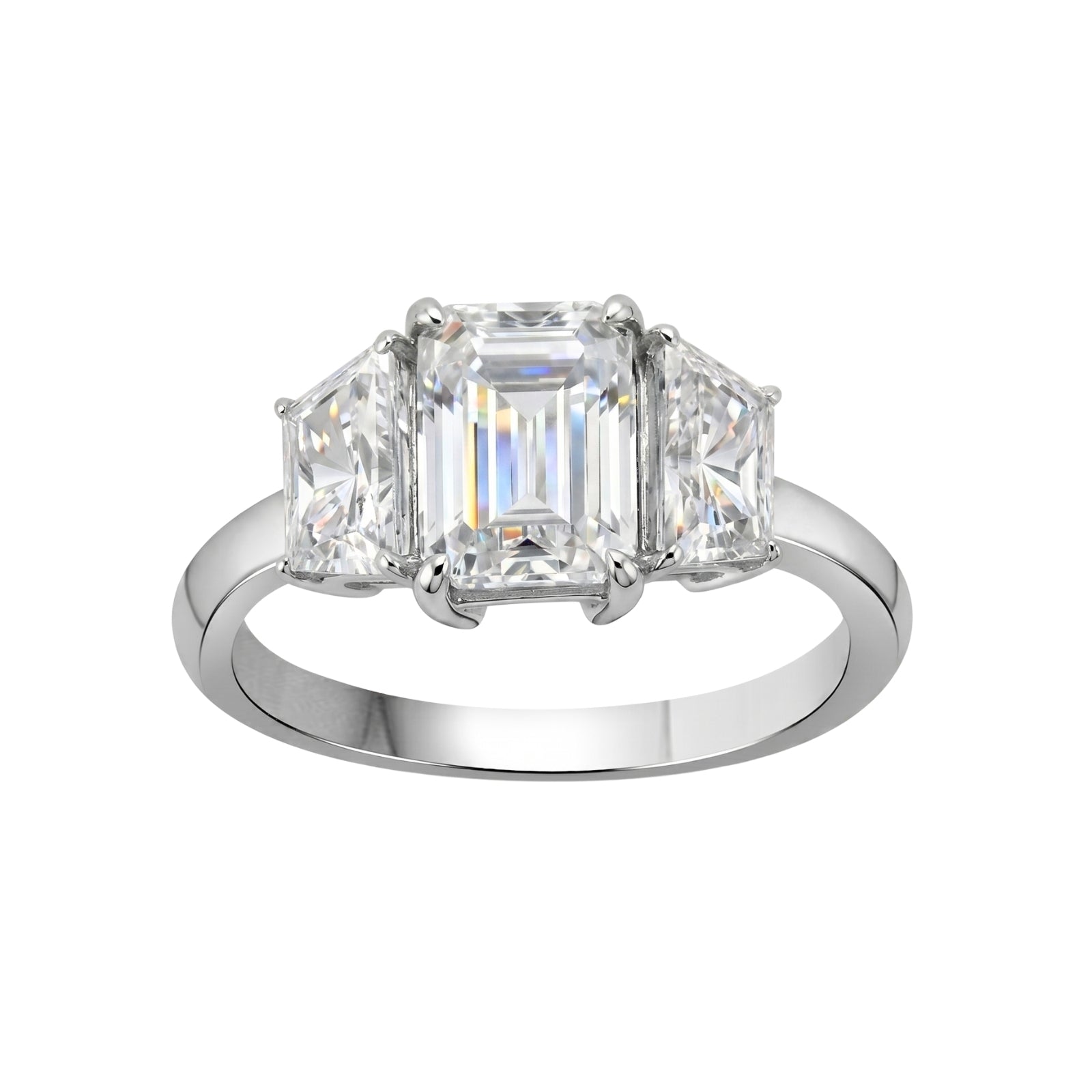 3.00 Carat T.W. Emerald and Trapezoid-cut Lab Grown Diamond (F/VS+) 14K Gold 3 Stone Band Ring