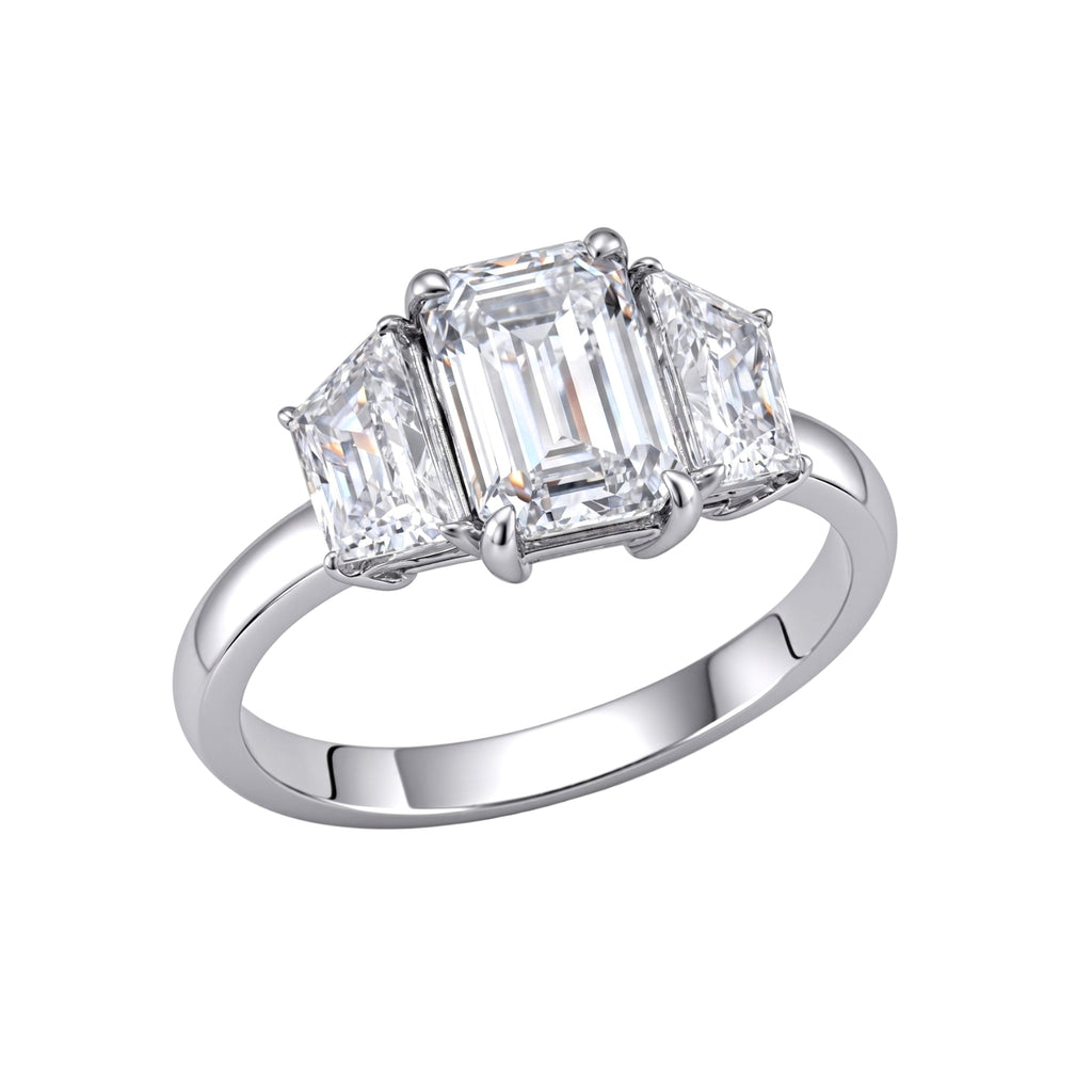 3.00 Carat T.W. Emerald and Trapezoid-cut Lab Grown Diamond (F/VS+) 14K Gold 3 Stone Band Ring