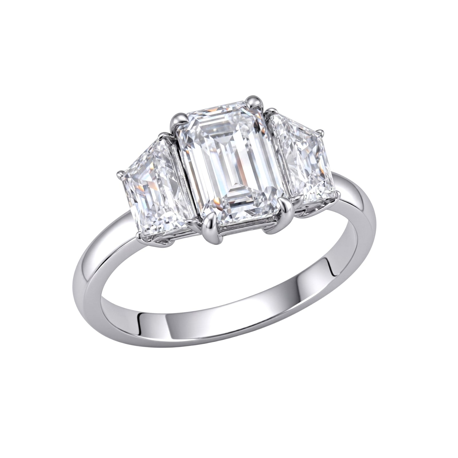 3.00 Carat T.W. Emerald and Trapezoid-cut Lab Grown Diamond (F/VS+) 14K Gold 3 Stone Band Ring