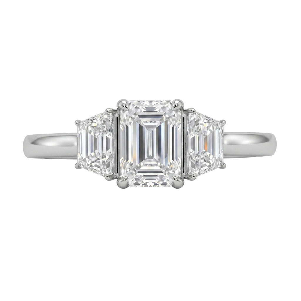 3.00 Carat T.W. Emerald and Trapezoid-cut Lab Grown Diamond (F/VS+) 14K Gold 3 Stone Band Ring