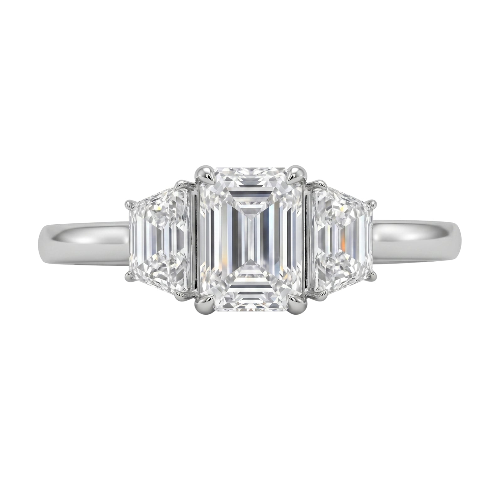 3.00 Carat T.W. Emerald and Trapezoid-cut Lab Grown Diamond (F/VS+) 14K Gold 3 Stone Band Ring