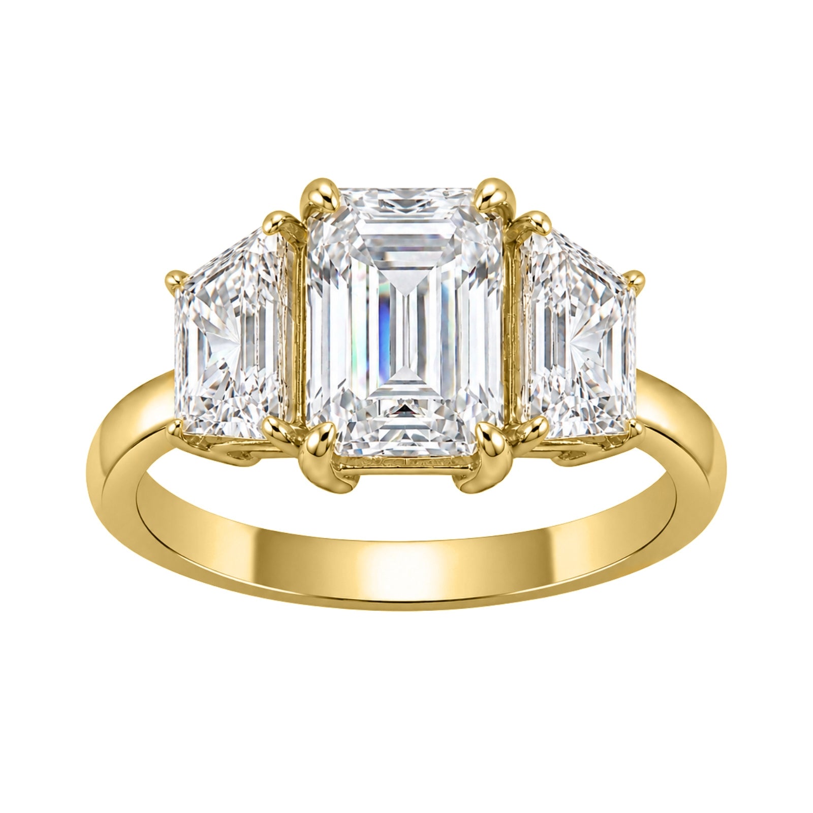 3.00 Carat T.W. Emerald and Trapezoid-cut Lab Grown Diamond (F/VS+) 14K Gold 3 Stone Band Ring