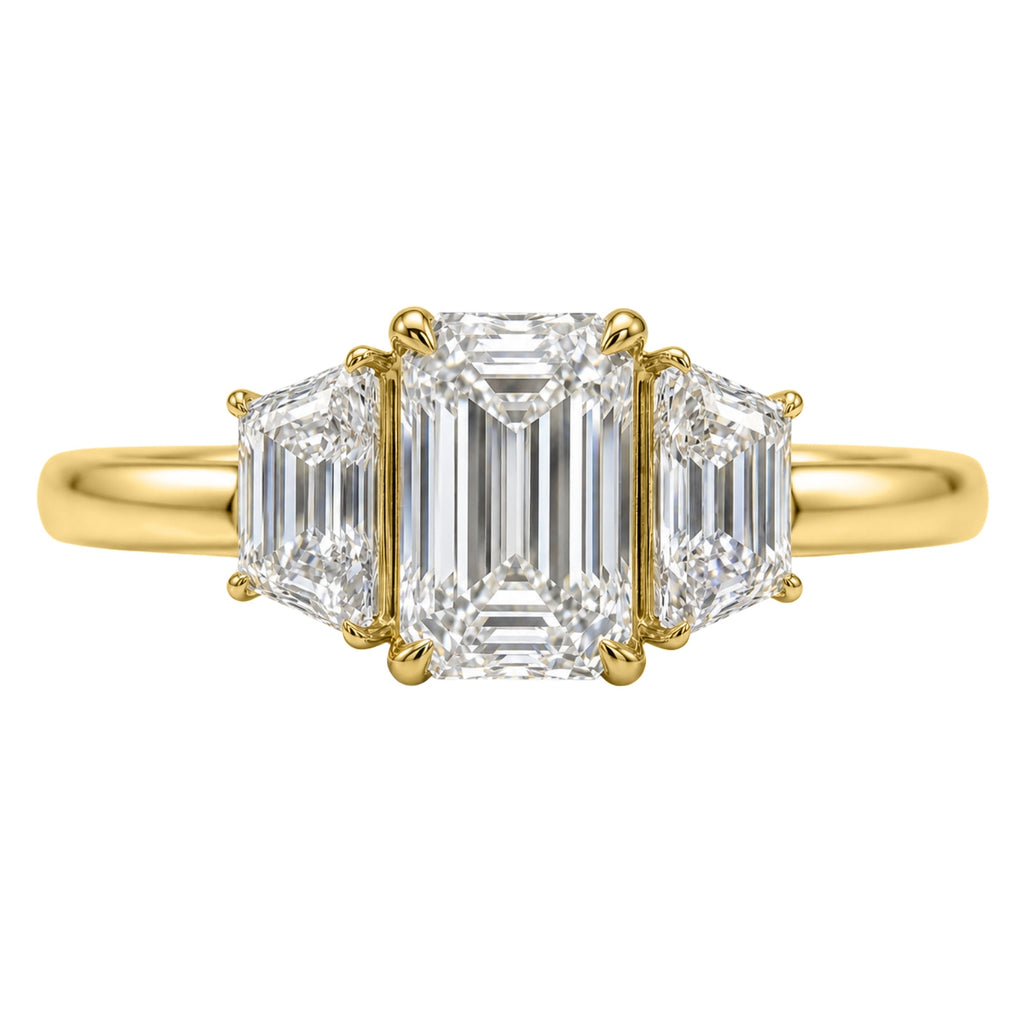3.00 Carat T.W. Emerald and Trapezoid-cut Lab Grown Diamond (F/VS+) 14K Gold 3 Stone Band Ring