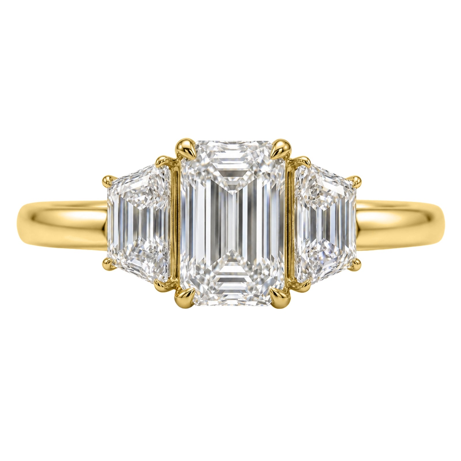 3.00 Carat T.W. Emerald and Trapezoid-cut Lab Grown Diamond (F/VS+) 14K Gold 3 Stone Band Ring