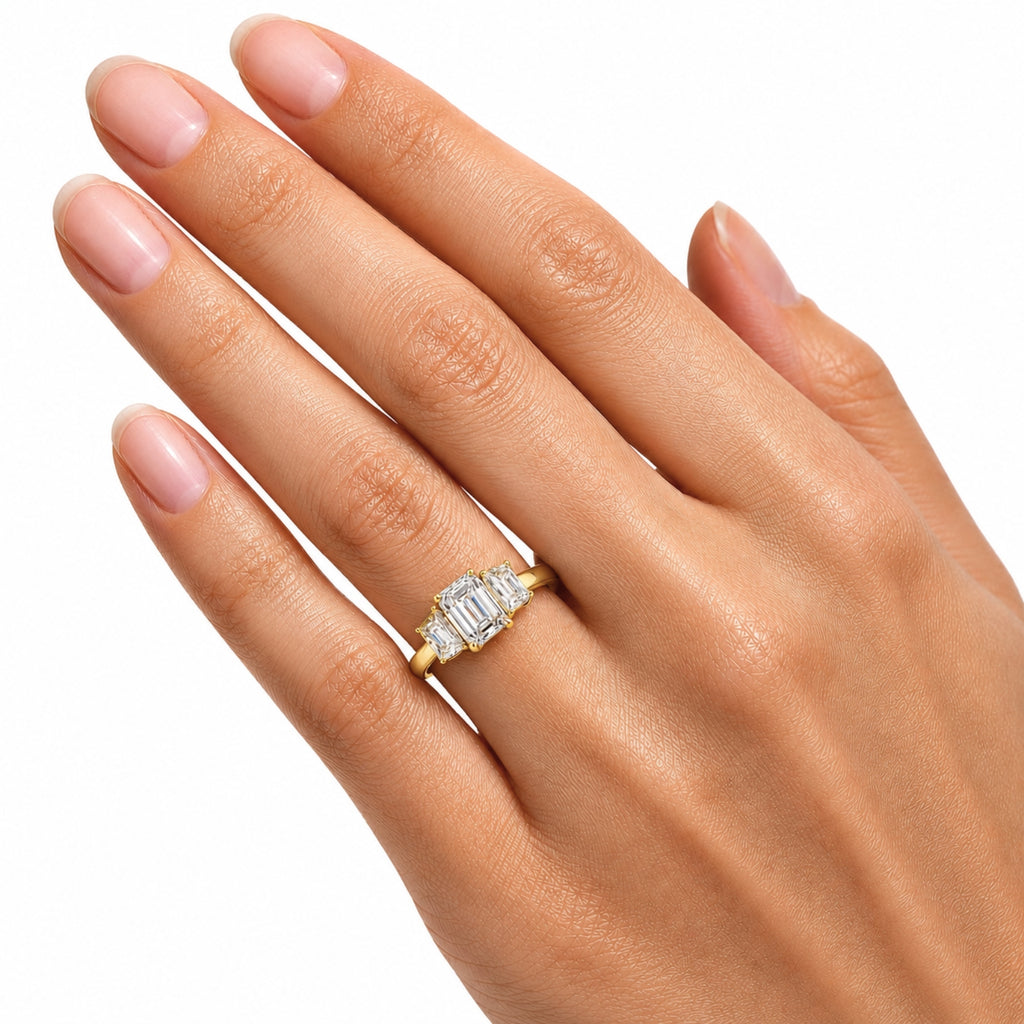 3.00 Carat T.W. Emerald and Trapezoid-cut Lab Grown Diamond (F/VS+) 14K Gold 3 Stone Band Ring