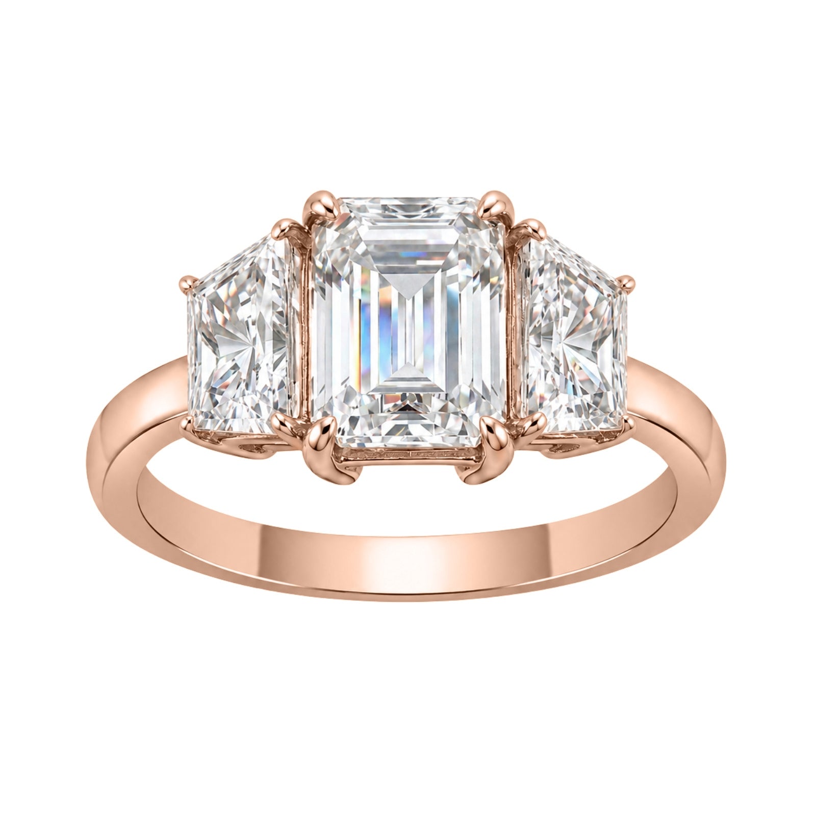 3.00 Carat T.W. Emerald and Trapezoid-cut Lab Grown Diamond (F/VS+) 14K Gold 3 Stone Band Ring