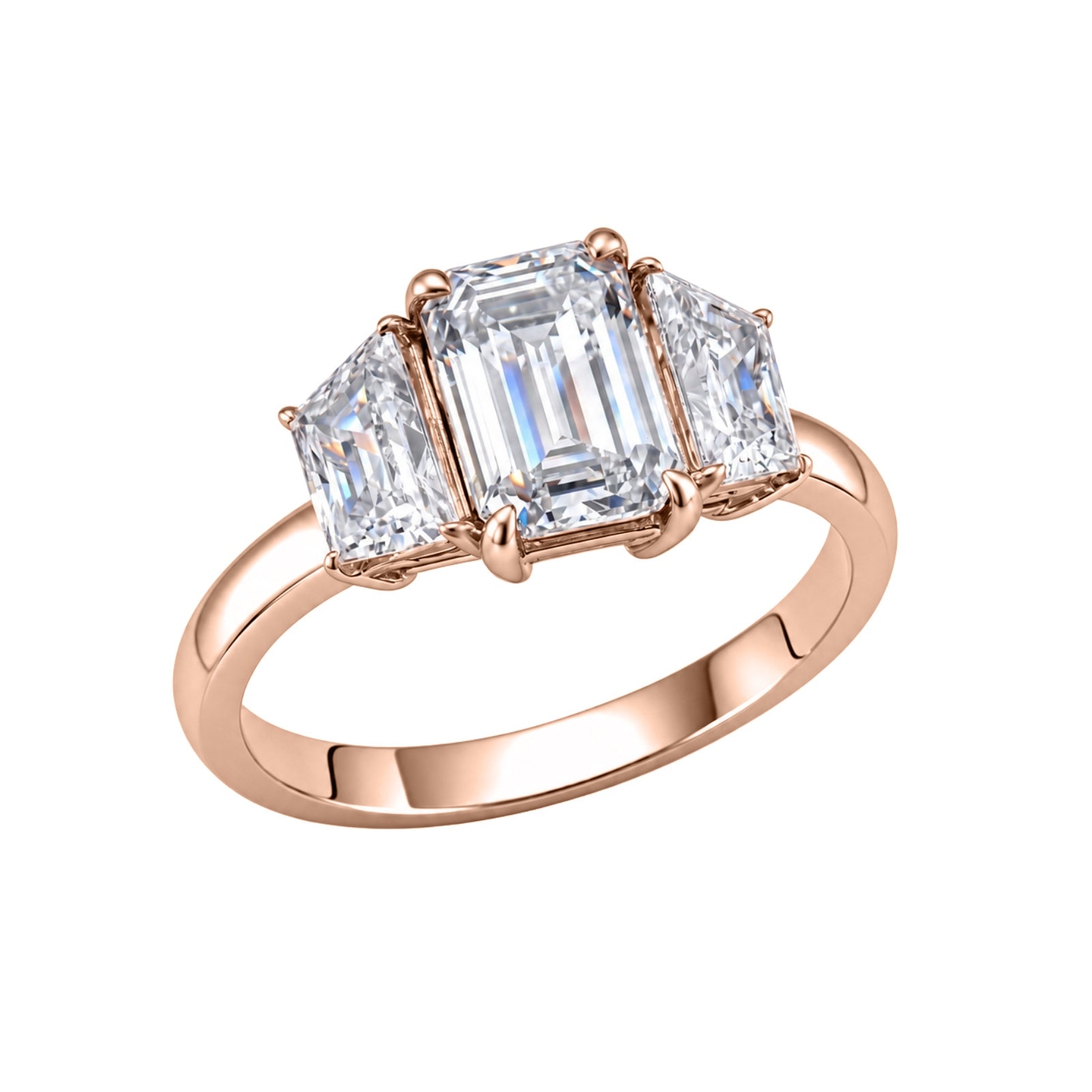 3.00 Carat T.W. Emerald and Trapezoid-cut Lab Grown Diamond (F/VS+) 14K Gold 3 Stone Band Ring