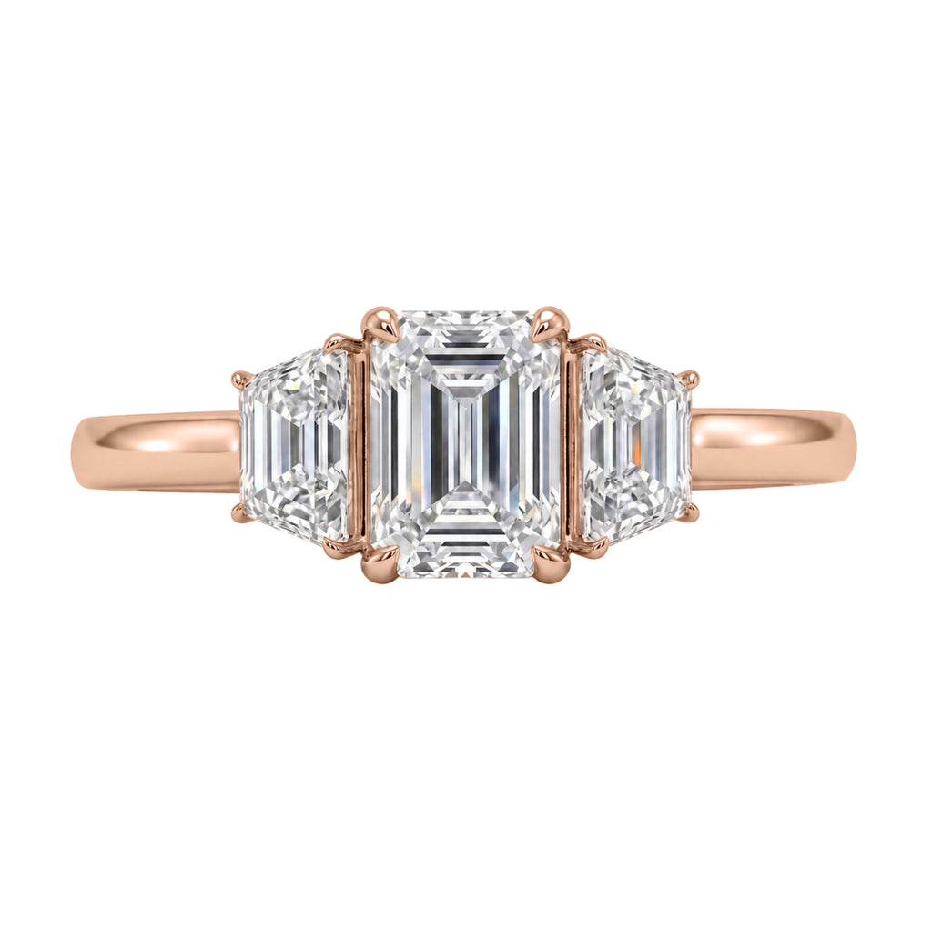 3.00 Carat T.W. Emerald and Trapezoid-cut Lab Grown Diamond (F/VS+) 14K Gold 3 Stone Band Ring