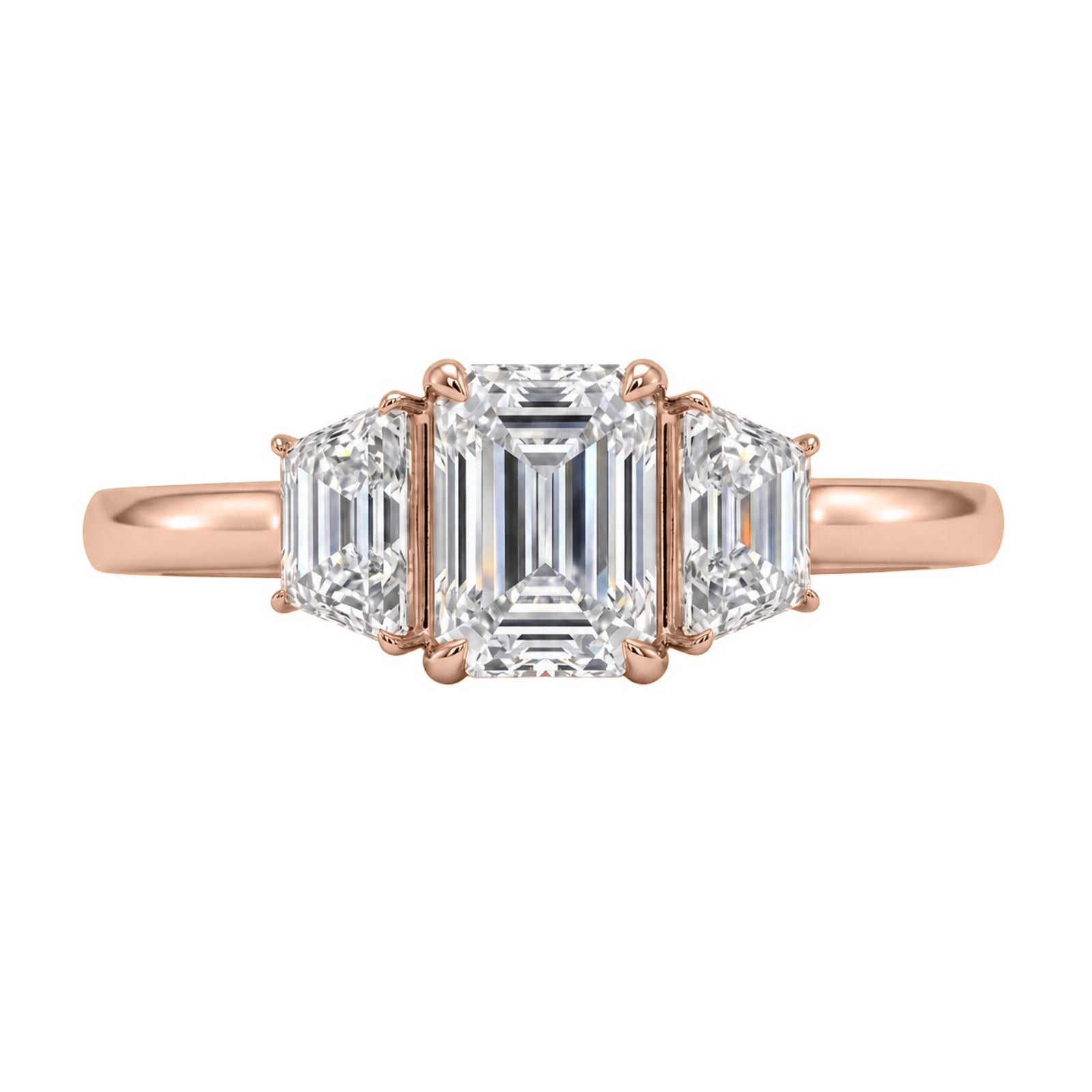 3.00 Carat T.W. Emerald and Trapezoid-cut Lab Grown Diamond (F/VS+) 14K Gold 3 Stone Band Ring
