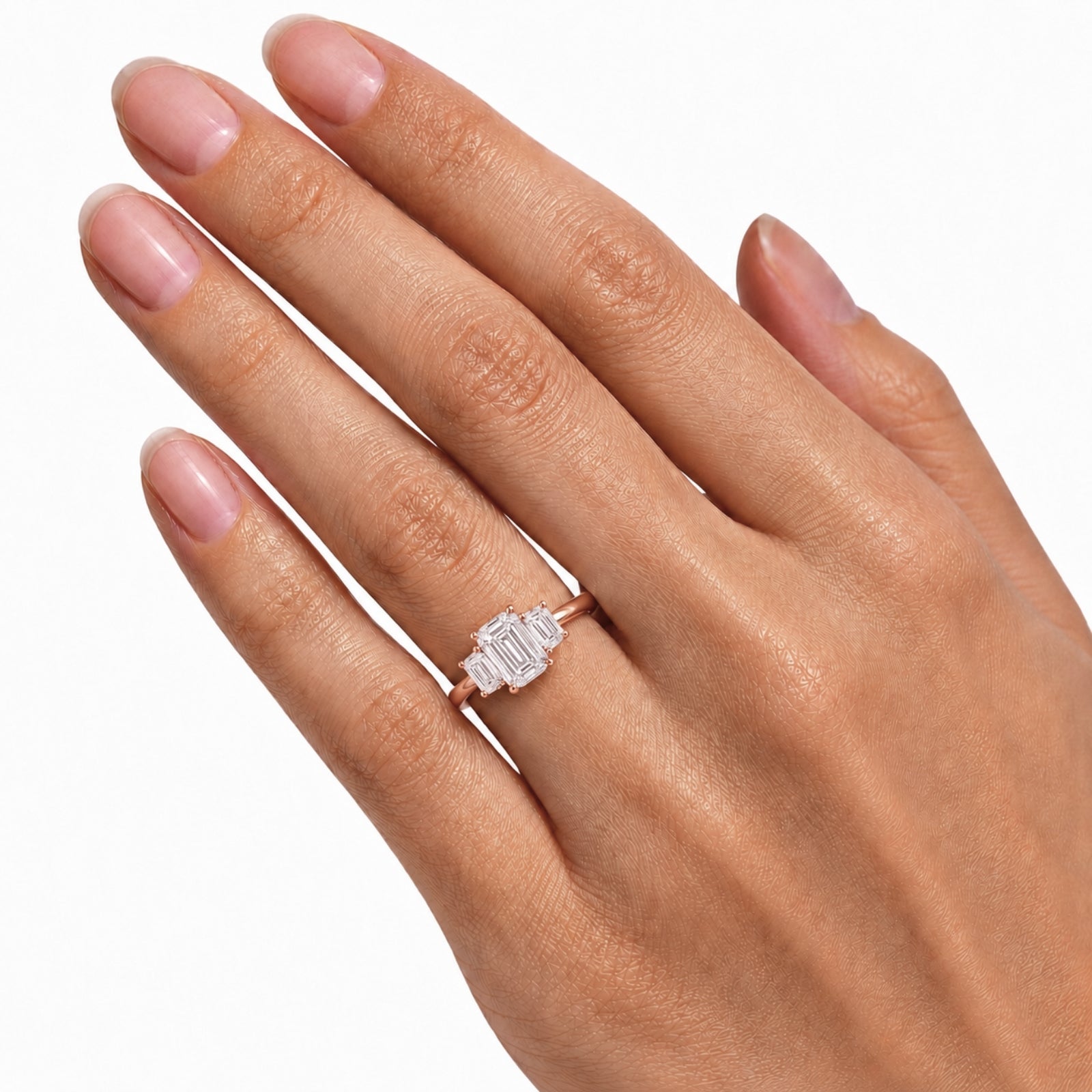 3.00 Carat T.W. Emerald and Trapezoid-cut Lab Grown Diamond (F/VS+) 14K Gold 3 Stone Band Ring