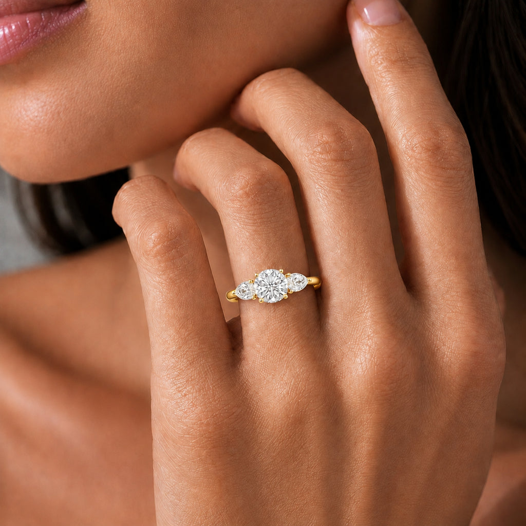 Diamonair 3.00 Carat T.W. Pear and Round-cut Lab Grown Diamond (F/VS+) 14K Gold 3 Stone Band Ring