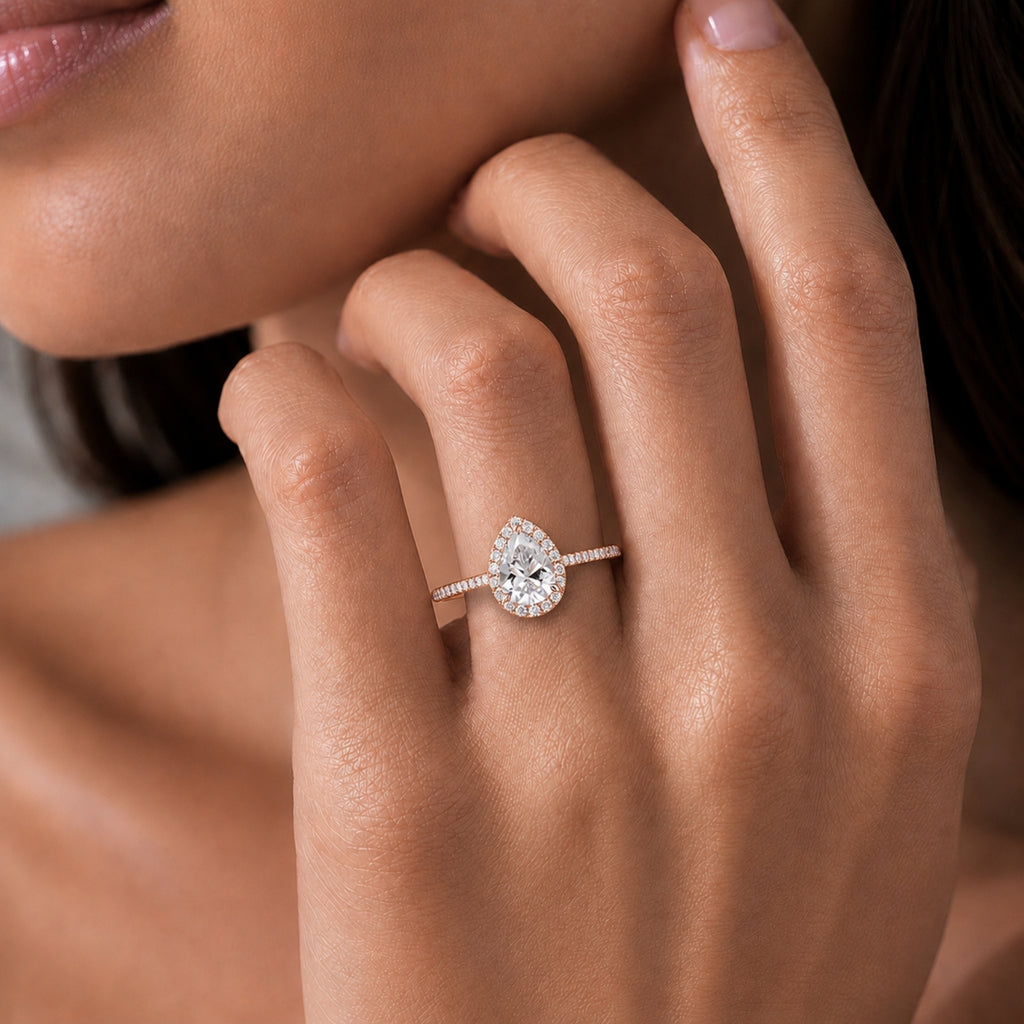1.00-3.50 Carat T.W. Pear & Round-cut Lab Grown Diamond (F/VS+) 14K Gold Halo Ring