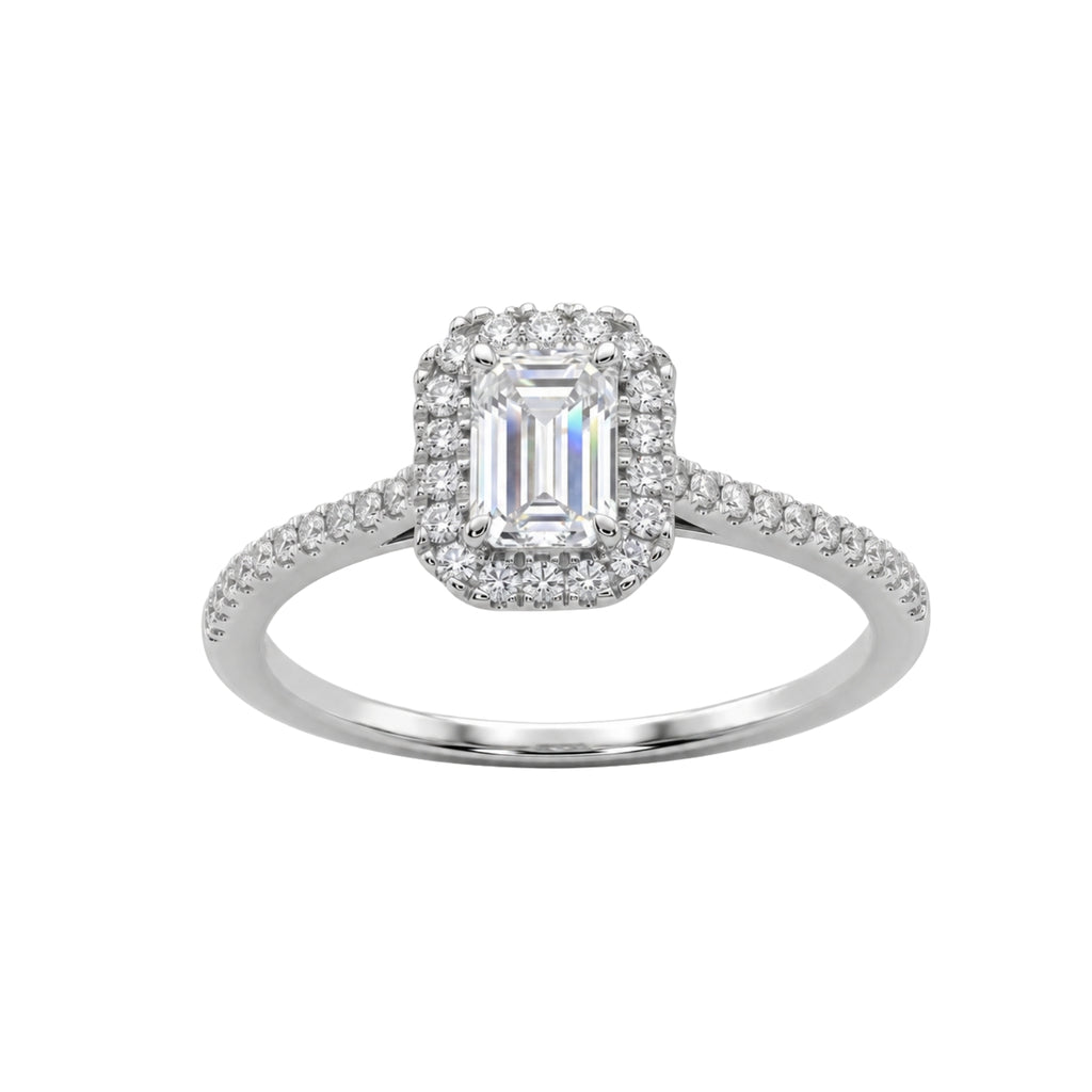 1.00-3.50 Carat T.W. Emerald & Round-cut Lab Grown Diamond (F/VS+) 14K Gold Halo Ring