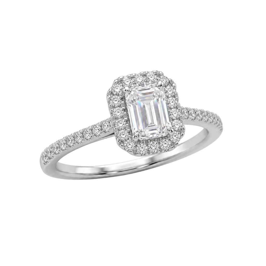 1.00-3.50 Carat T.W. Emerald & Round-cut Lab Grown Diamond (F/VS+) 14K Gold Halo Ring