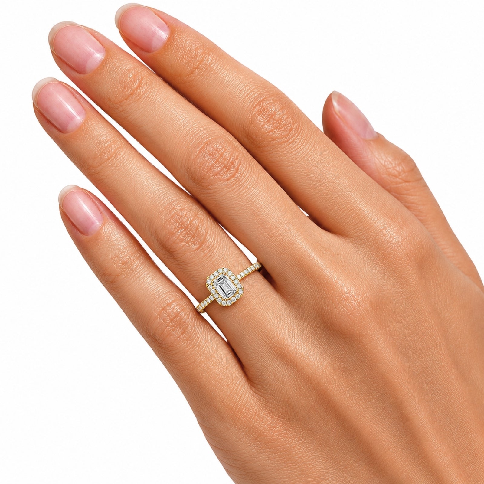 1.00-3.50 Carat T.W. Emerald & Round-cut Lab Grown Diamond (F/VS+) 14K Gold Halo Ring