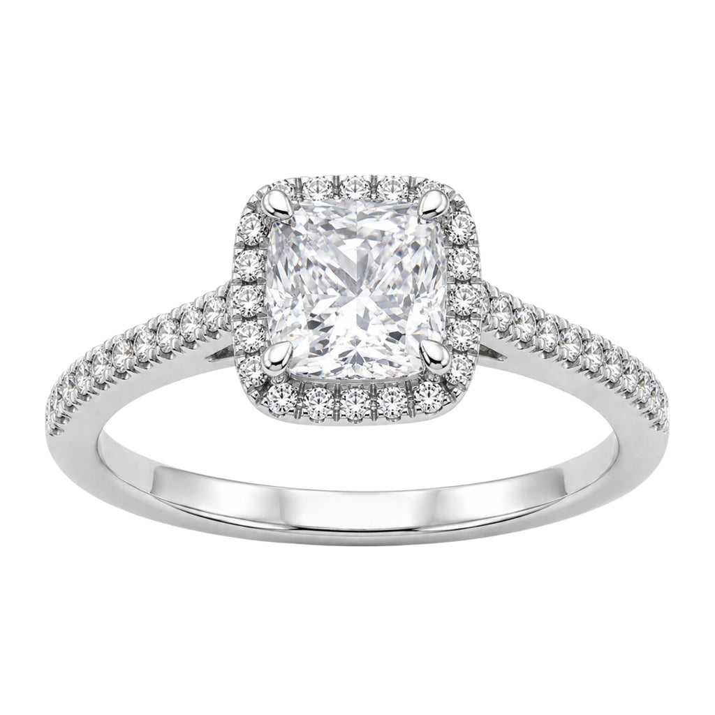 1.00-3.50 Carat T.W. Cushion & Round-cut Lab Grown Diamond (F/VS+) 14K Gold Halo Ring
