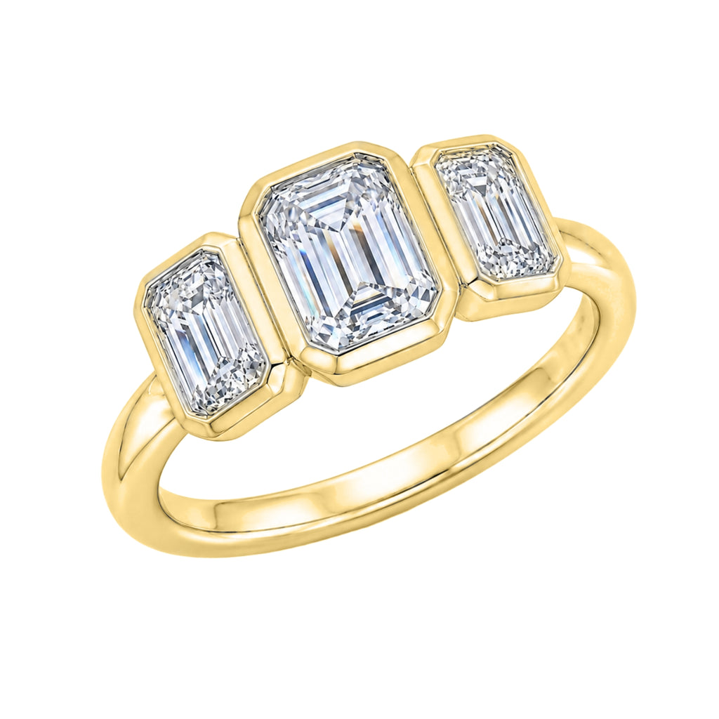 2.50 Carat T.W. Emerald-cut Lab Grown Diamond (F/VS+) 14K Gold Bezel Set 3 Stone Ring
