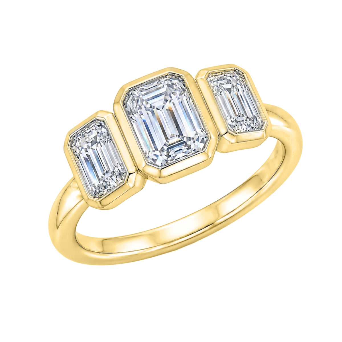 2.50 Carat T.W. Emerald-cut Lab Grown Diamond (F/VS+) 14K Gold Bezel Set 3 Stone Ring