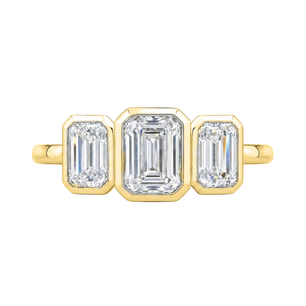 2.50 Carat T.W. Emerald-cut Lab Grown Diamond (F/VS+) 14K Gold Bezel Set 3 Stone Ring