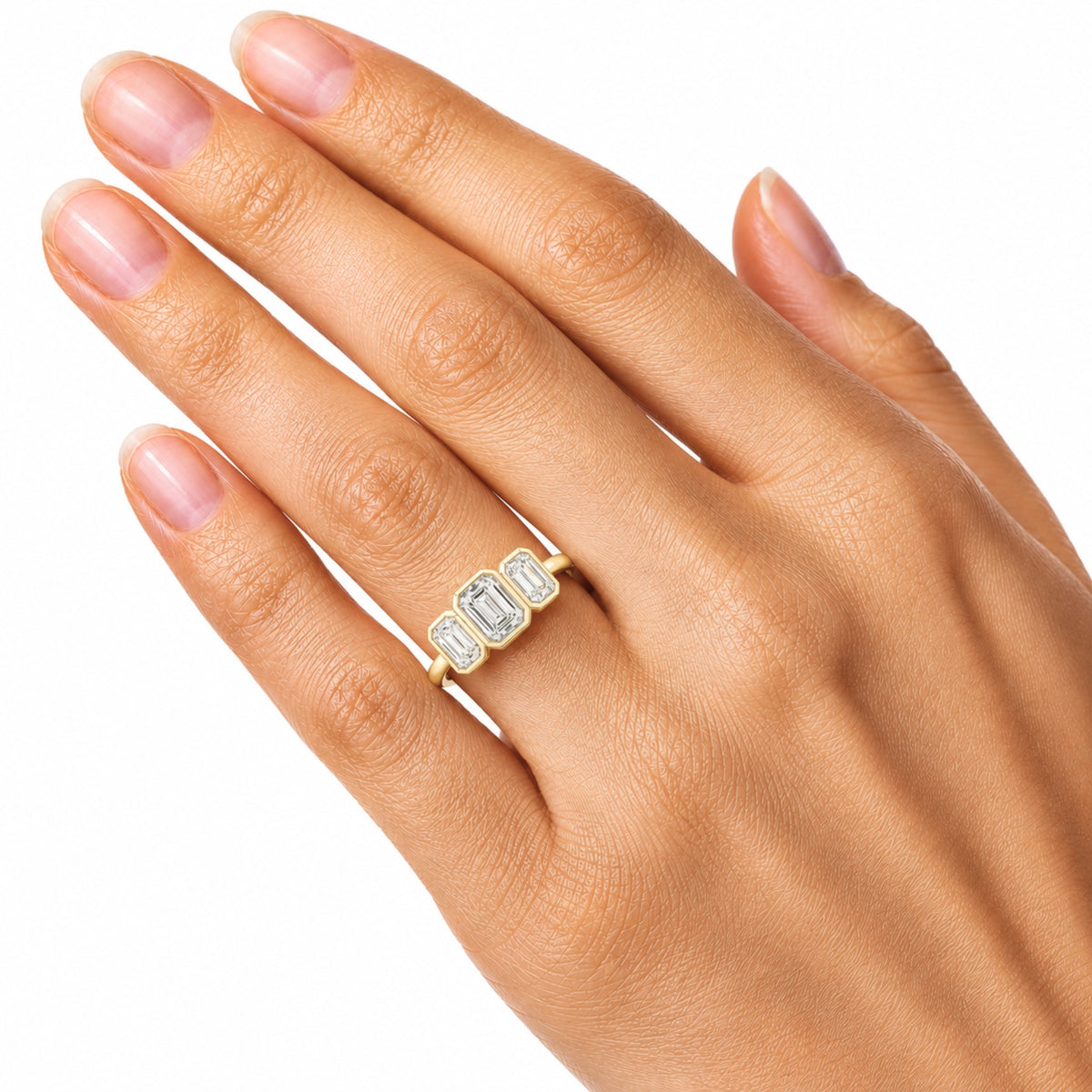 2.50 Carat T.W. Emerald-cut Lab Grown Diamond (F/VS+) 14K Gold Bezel Set 3 Stone Ring
