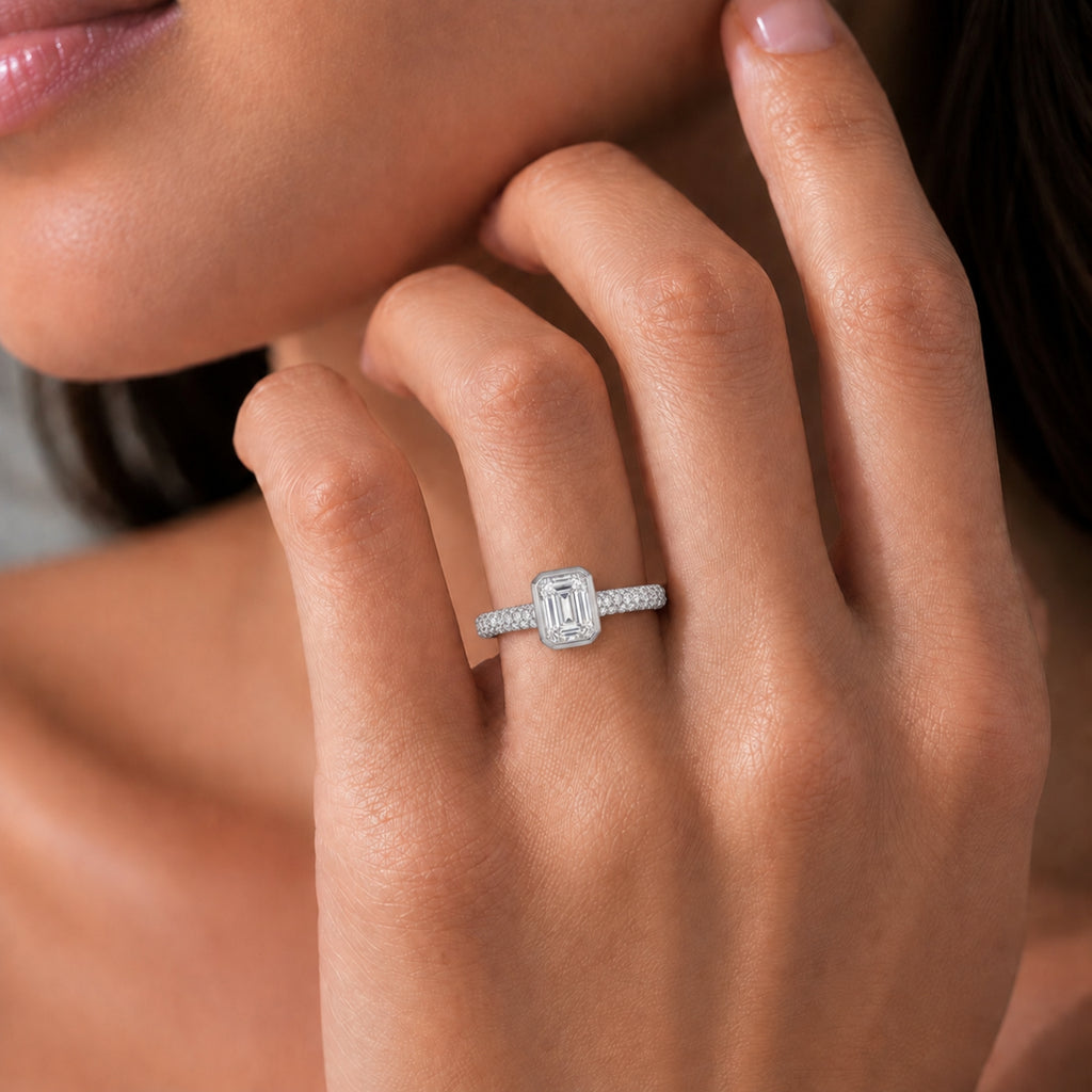 2.00 Carat T.W. Emerald and Round-cut Lab Grown Diamond (F/VS+) 14K Gold Solitaire Band Ring