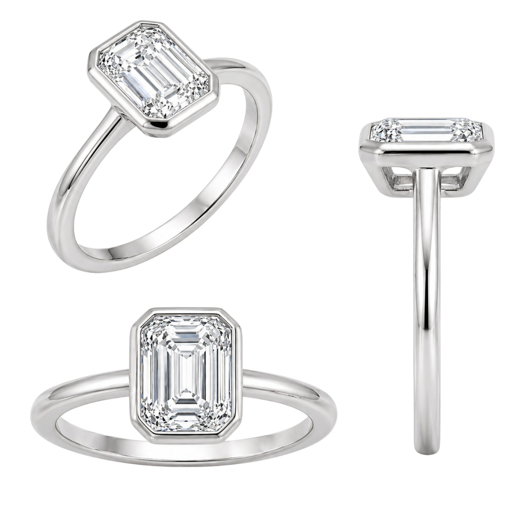 1.00-6.00 Carat T.W. Emerald-cut IGI Certified Lab Grown Diamond (F/VS+) 14K Gold Bezel Set Ring