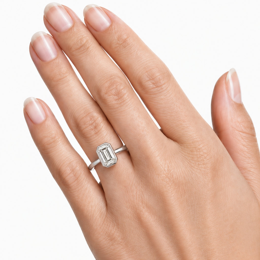 1.00-6.00 Carat T.W. Emerald-cut IGI Certified Lab Grown Diamond (F/VS+) 14K Gold Bezel Set Ring