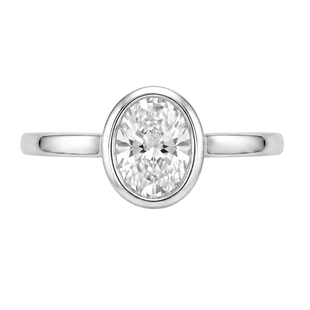 1.00-6.00 Carat T.W. Oval-cut IGI Certified Lab Grown Diamond (F/VS+) 14K Gold Bezel Set Ring