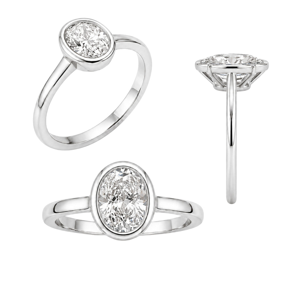 1.00-6.00 Carat T.W. Oval-cut IGI Certified Lab Grown Diamond (F/VS+) 14K Gold Bezel Set Ring