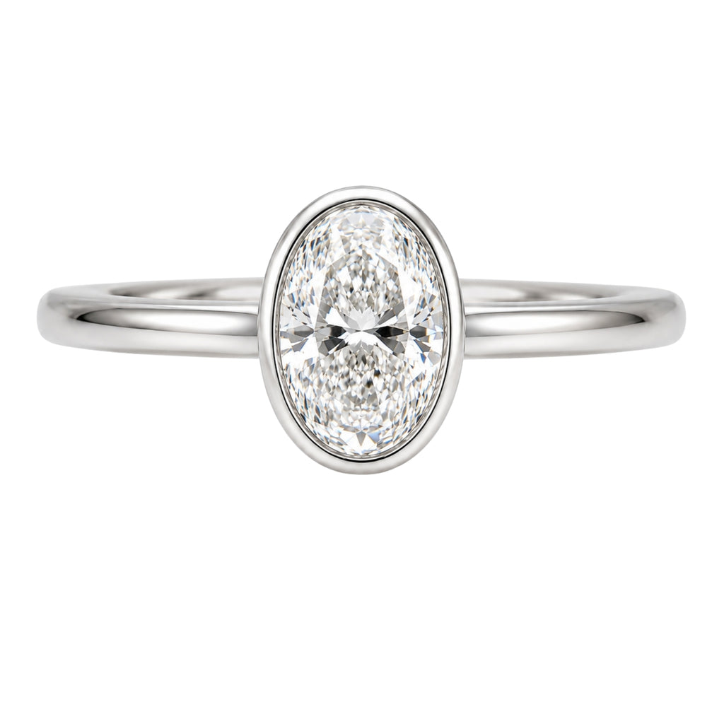 1.00-6.00 Carat T.W. Oval-cut IGI Certified Lab Grown Diamond (F/VS+) 14K Gold Bezel Set Ring
