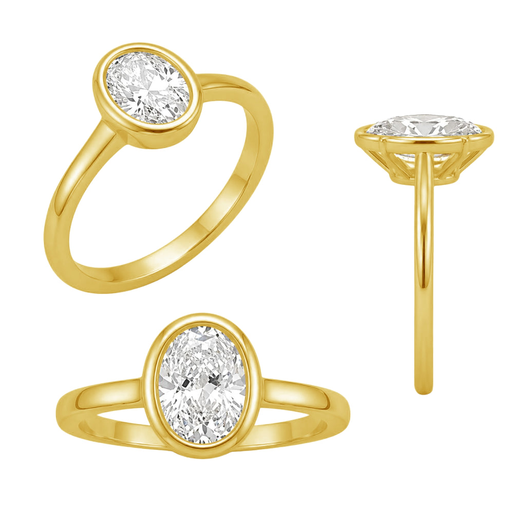 1.00-6.00 Carat T.W. Oval-cut IGI Certified Lab Grown Diamond (F/VS+) 14K Gold Bezel Set Ring