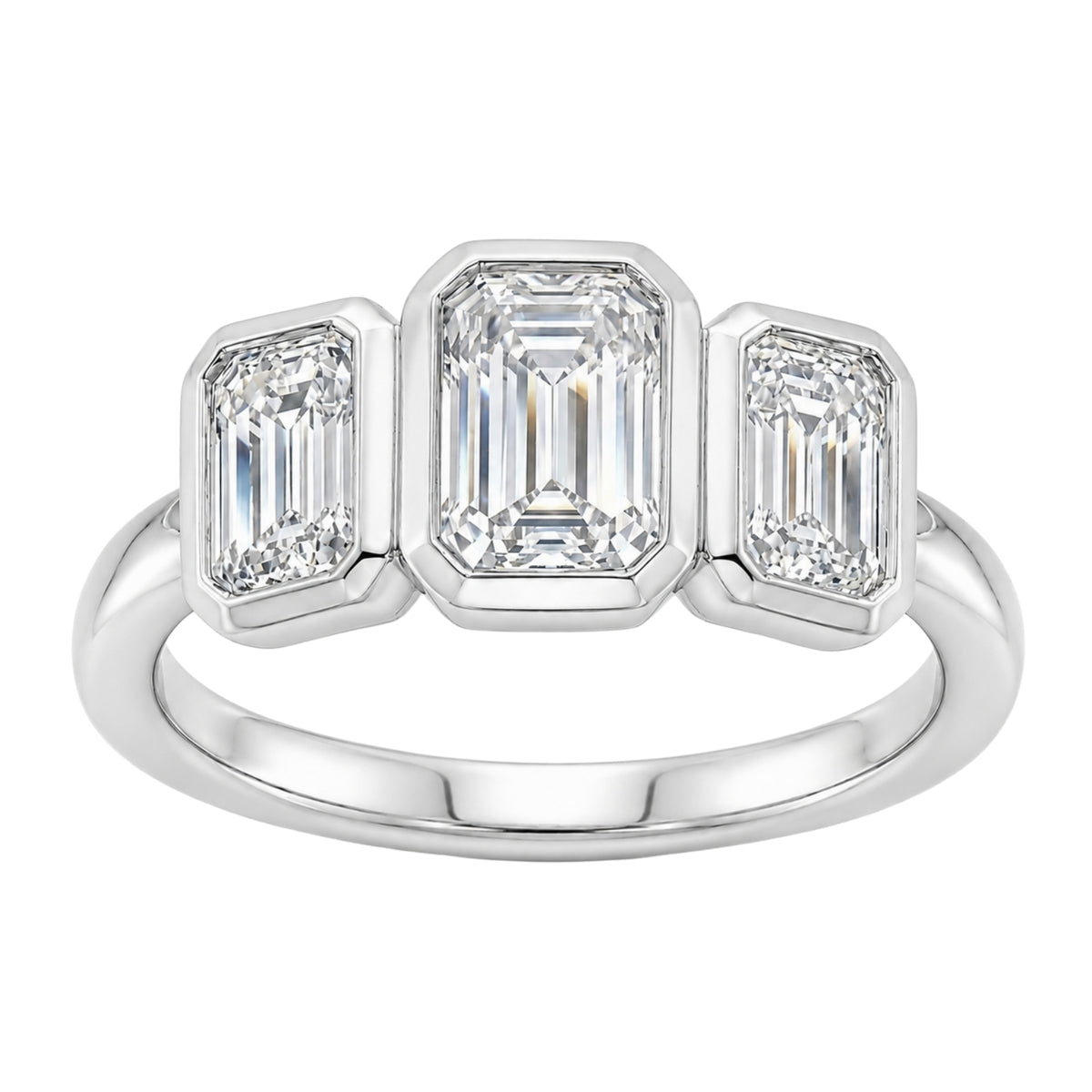 2.50 Carat T.W. Emerald-cut Lab Grown Diamond (F/VS+) 14K Gold Bezel Set 3 Stone Ring